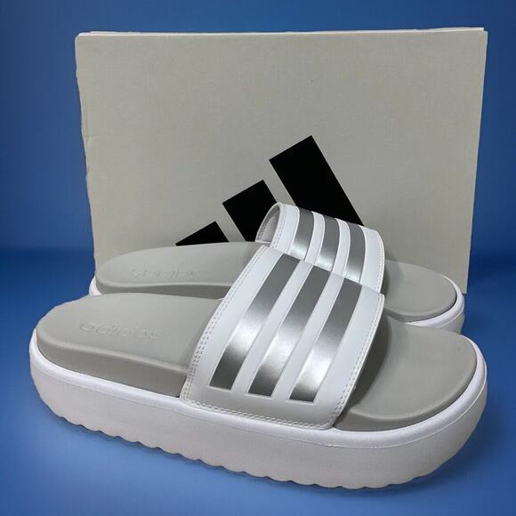 Adidas Women Adilette White Grey Platform Slides Sandals Size 9 New In Box - Picture 1 of 7
